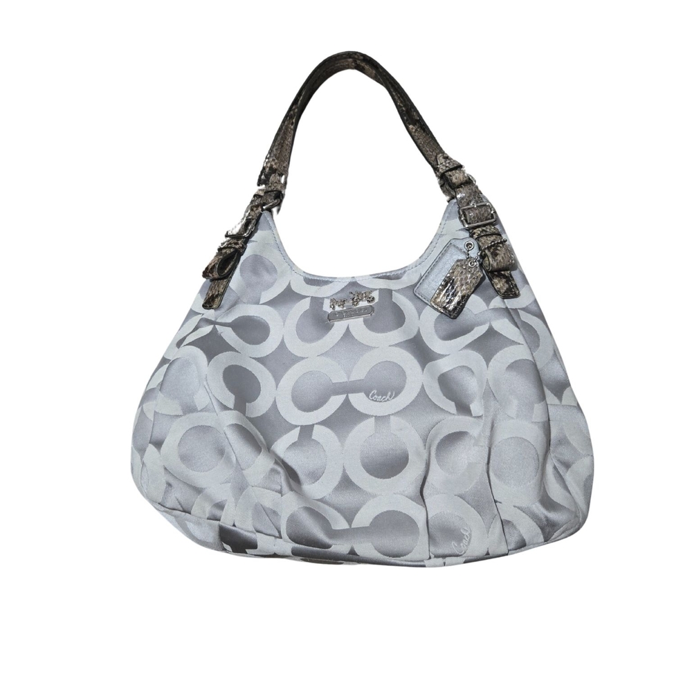 Coach Madison OP Art Maggie Silver and Gray Signature Shoulder Bag Snake Straps